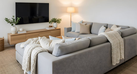 Sectional showing cozy living room with large gray sectional sofa, knitted throw, and soft...
