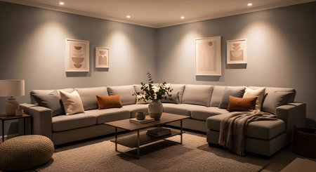 A light grey sectional sofa is arranged in a room with minimalist wall and warm, recessed...