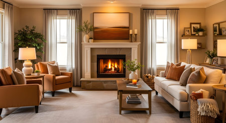 A cozy living room with a lit fireplace, warm orange accent chairs, and a sofa on a light rug.
