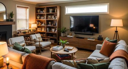 Sectional showing inviting living room with sectional sofa fireplace and wooden shelving filled...
