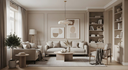Shelving showing living room with neutral tones and built-in shelving. resolution