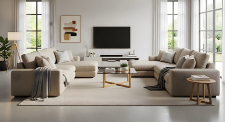Sectional showing large sectional sofa in a modern living room with a television and coffee...