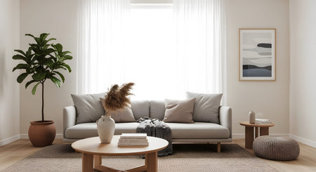 Living showing modern living room with a grey sofa and a large potted plant on a textured rug....
