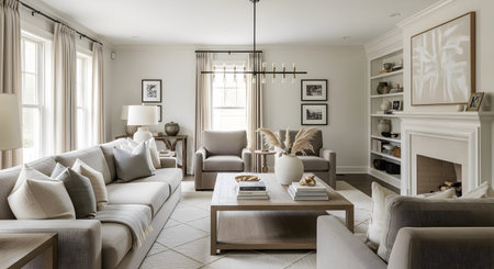 Sectional showing living room with large sectional sofa, fireplace, and bookshelves.