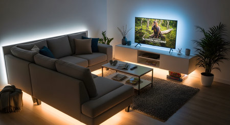 A sectional sofa and coffee table are in a living room with a TV displaying a forest scene,...