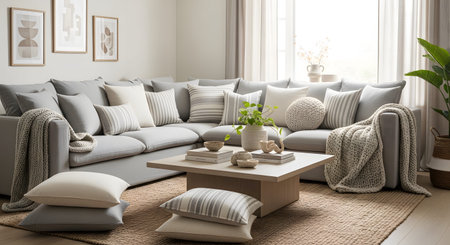 Sectional showing modern living room sectional sofa with neutral toned pillows and a square...