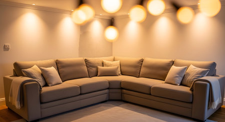 A beige corner sectional sofa is adorned with soft pillows and throws, illuminated by warm...