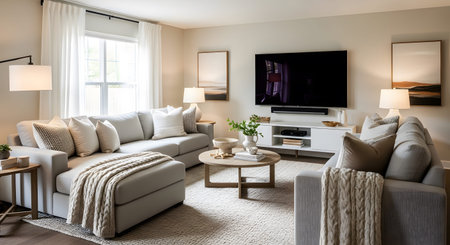 A contemporary living room a large grey sectional sofa, a white entertainment unit with a TV,...