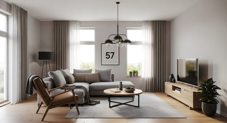 Sectional showing modern living room with sectional sofa, armchair, and chandelier.