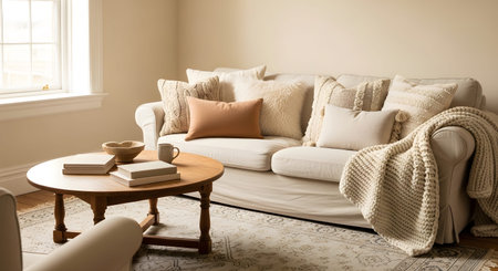 Living showing warm neutral living room with a white sofa, textured pillows, and a wooden coffee...の写真素材