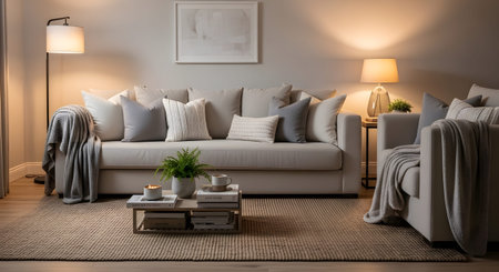 A serene living room with a plush grey sofa, a floor lamp, and a low coffee table....