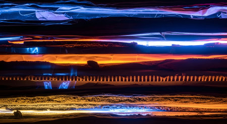 Orange showing abstract layers of light and texture with vibrant blue and orange hues.