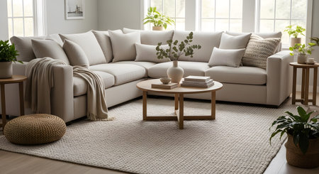 Light showing comfortable sectional sofa with light beige upholstery and decorative plants in a...の写真素材