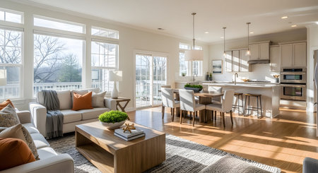 An open-concept living and kitchen space bathed in natural light from large windows, showcasing...