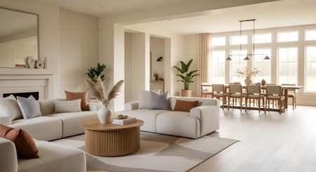 With bright and airy open-plan living and dining space with modern furniture and large...の写真素材