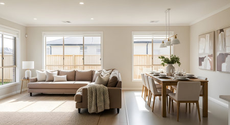 A bright living and dining area a neutral-toned sectional sofa and a wooden dining set near...