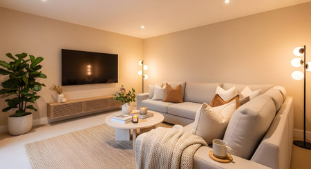 A plush light gray sectional sofa is arranged in a warm-toned living room with a TV, coffee...