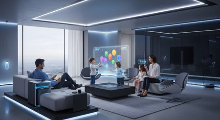 Home showing family interacting with interactive holographic games in a futuristic smart home....