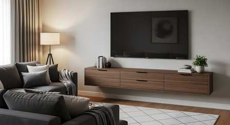 A contemporary living room a dark grey sofa and a sleek wooden media console....の写真素材