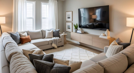 AU-shaped sectional sofa dominates a bright living room with large windows, a TV, and a...