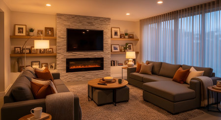 Stock showing cozy living room with large sectional sofa facing a stone fireplace and...
