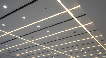 A contemporary ceiling a grid pattern with integrated warm yellow LED strips and circular...