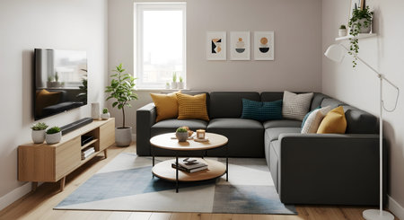 A cozy living room a dark grey sectional sofa, a round coffee table, and a colorful geometric rug.