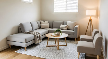 A light gray sectional sofa is arranged around a round wooden coffee table with a plant.の写真素材