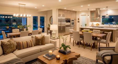 With showing open-plan living and kitchen area with a large island and comfortable seating.