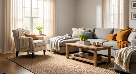 A bright living room a gray sectional sofa, armchair, and wooden coffee table with books and plants.