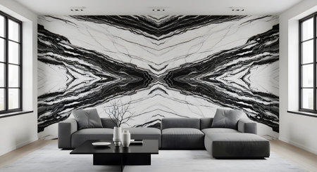 A striking black and white marble mural dominates the wall behind a gray sectional sofa and...
