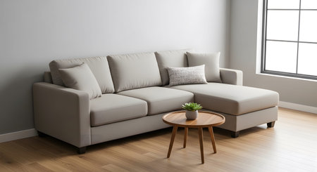 A light grey sectional sofa is accessorized with accent pillows and a small potted plant on a...