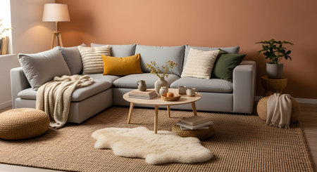 Stock showing light gray sectional sofa with yellow and green accents in a warmly painted room....