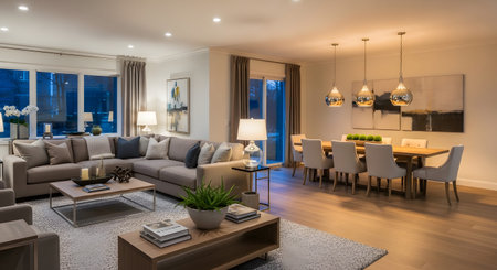 An interior showcases a sectional sofa and a large dining table illuminated by pendant lights.