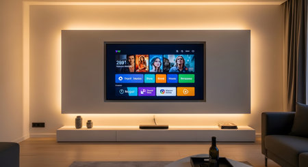 A contemporary living room showcases a large wall-mounted television with a vibrant streaming...
