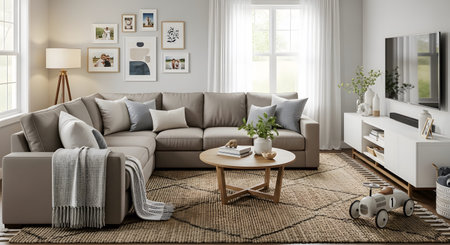 A taupe sectional sofa is placed in a bright living room with a TV, wall and a round wooden...