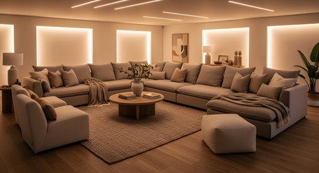 Lighting showing modular sectional sofa arrangement in a spacious living room with ambient...