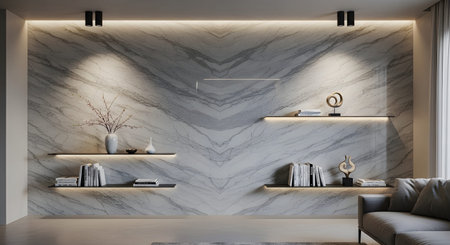 Lighting showing marble wall with subtle veining and integrated shelf lighting in a modern...