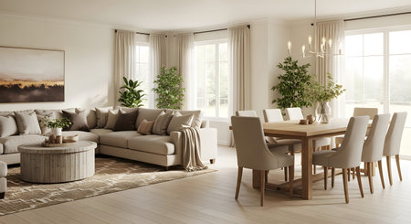 A bright, airy living and dining area featuring a large sectional sofa, wooden dining table, and...