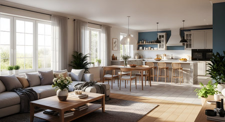 A bright open-plan living and kitchen area featuring a large sectional sofa, dining table, and...の写真素材