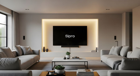 3d rendering of modern living room with tv on wall and sofa