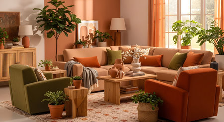 A warm and inviting living room with a beige sectional sofa, green and orange armchairs, and a...