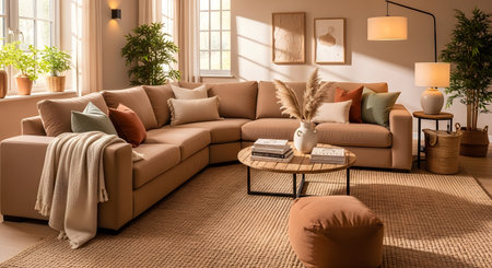 A warm living room a camel-colored sectional sofa, a round wooden coffee table, and natural...