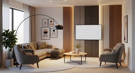 Stock showing modern living room with sectional sofa and arc floor lamp. resolution