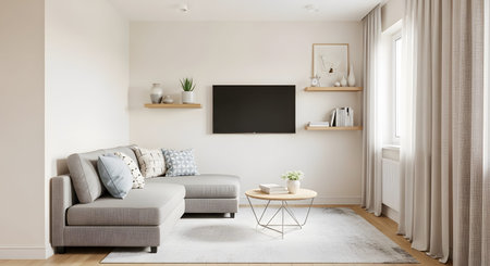 A light-filled living room a grey sectional sofa, a wall-mounted television, and a round coffee...