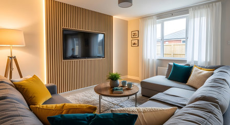 Stock showing cozy living room with sectional sofa and wood slat wall. resolution