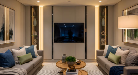 Center showing symmetrical living room with two sofas and entertainment center. resolution...