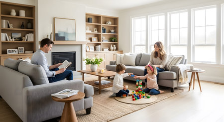 Together showing family enjoying leisure time together in a bright and airy living room with a...の写真素材