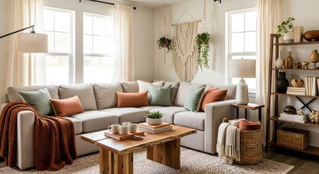 A bright and airy living room a large sectional sofa, macrame wall and a rustic wooden coffee table.