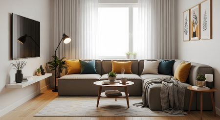 Sofa showing cozy living room with sectional sofa pillows and large window with white curtains....